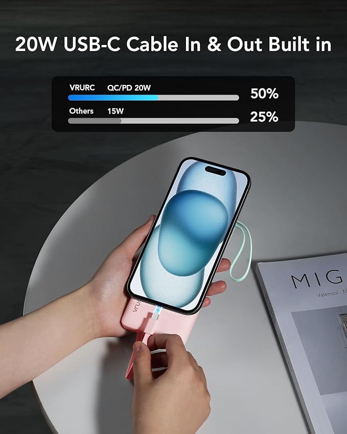 VRURC Portable Phone Charger, 20W PD Fast Charging Portable Charger for iPhone, 10000mAh Battery Bank with Cables, 4 Output 3 Input USB C Battery Pack for iPhone 16 15 14 13,Samsung Galaxy Series-Pink