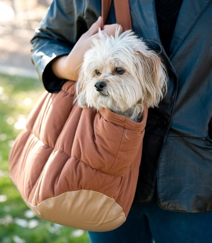 NoblePup Plush Dog Purse Carrier for Small Dogs, Soft Dog Tote Bag with Safety Harness Clip, Cozy Pet Carrier for Dogs Under 15 lbs, Comfortable Dog Shoulder Carrier for Travel, Brown