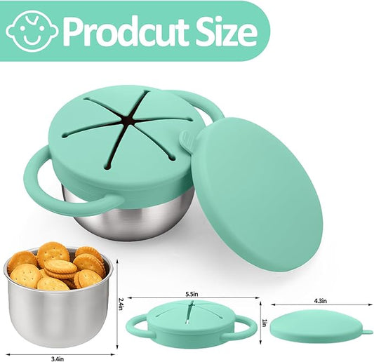 BUSOHA Stainless Steel Toddler Snack Cups - 9 OZ Spill-Proof Baby Snack Containers with Silicone Catcher and Lid Travel Snack Containers for Kids Food Grade Silicone Dishwasher Safe,Green