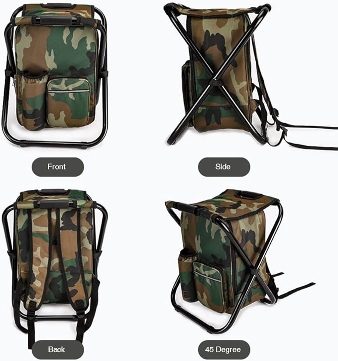 Large Size Portable Hiking Camouflage Camping Stool, 3 in1 Multifunction Fishing Backpack Chair, Folding Camping Chair Stool with Cooler Insulated Picnic Bag