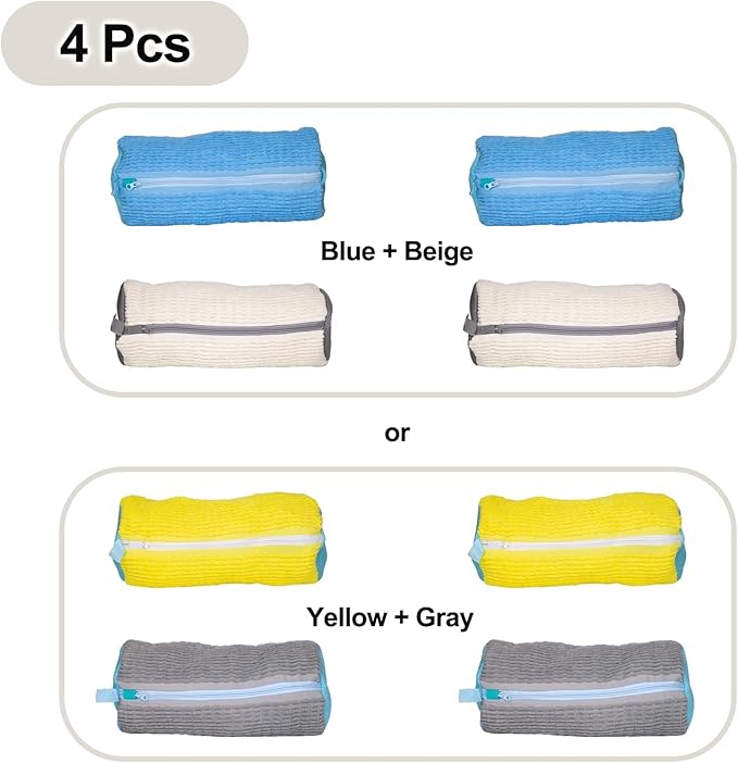 Shoe Washing Machine Bag, 4 Pcs Laundry Shoe Bags for Washer and Dryer with Chenille Liner, Large Reusable Mesh Bag for Sneakers, Gym, Tennis, Sports, Delicate, 2 Color Mix (Blue+Beige)