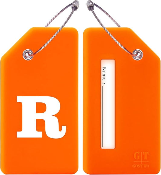 Gostwo 2 Pack Silicone Luggage Tags for Suitcases, 26 Initial Letter Baggage Labels Handbag School Bag Suitcase Instrument Tag with Stainless Steel Loop(Orange)(Letter R)