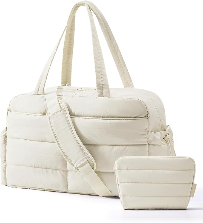 BAGSMART Gym Bag for Women, Lightweight Puffer Duffle Bag 2-PC Travel Bag, 31L Weekender Overnight Bag Quilted Carry On Tote Bag, Diaper Hospital Dance bag for Travel, Gym, Water Resistant, Beige