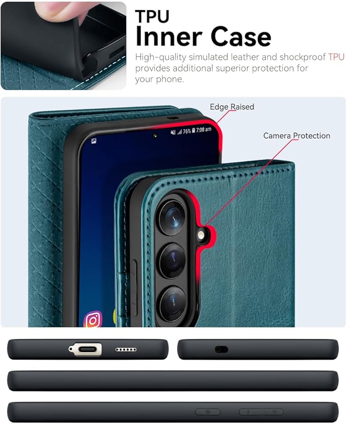 OCASE Compatible with Galaxy S25 Wallet Case, PU Leather Flip Folio Case with Card Holders RFID Blocking Kickstand [Shockproof TPU Inner Shell] Protective Phone Cover 6.2 Inch 2025, Peacock Blue