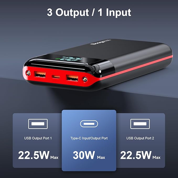 Portable Charger Power Bank 52800mAh Powerbank PD 30W and QC 4.0 Fast Charging Built-in Bright flashlight LED Display 2 USB 1Type-C Output External Battery Pack for iPhone, Samsung, iPad etc (red)