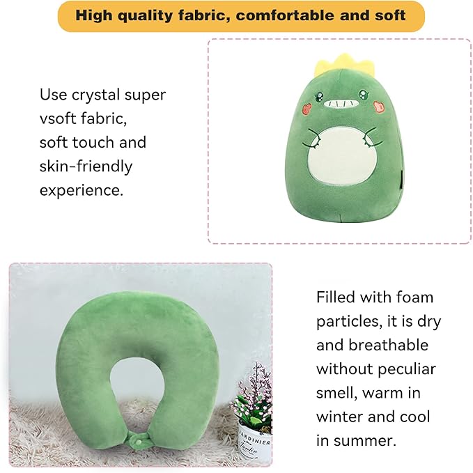 Kids Travel Pillow - 2-in-1 Deformable Kids Neck Pillow for Traveling, Soft U-Shaped Pillow with Adorable Animal Design, Comfy Sleep and Play, Ideal for Airplanes Travel - Dinosaur