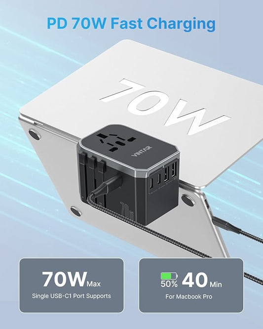 Universal Travel Adapter, VINTAR 70W GaN International Power Adapter with 5 USB Ports (3 USB-C), All-in-one Travel Essentials Plug Adaptor, Travel Adapter Worldwide for UK/EU/USA/AUS, Black