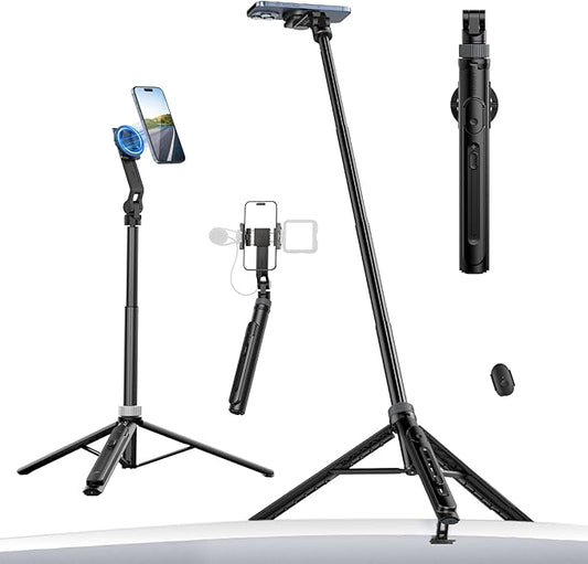 ULANZI TT88 Magnetic Tripod for iPhone 17, 57" Extendable Selfie Stick w Remote, 2-in-1 Phone Clip & Dual Cold Shoe Mounts-Lightweight Phone Tripod Stand for Vlogging, Travel, Video Recording, Black