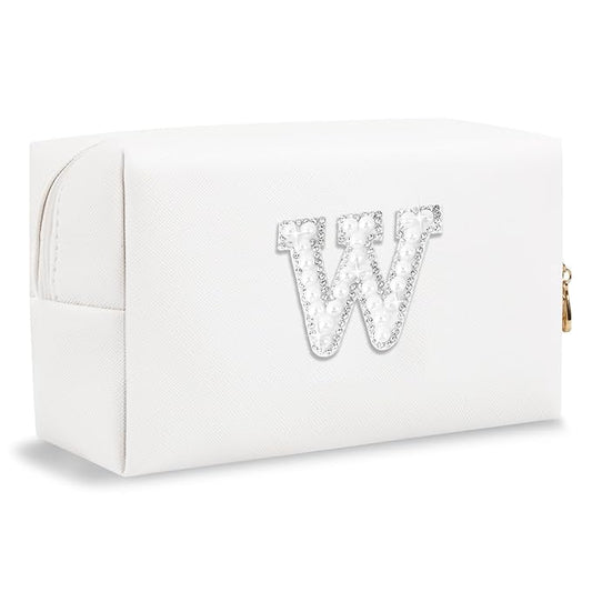 Bride Gifts – Personalized Initial Makeup Bag with Pearl Rhinestone Patch, Preppy White Monogram Cosmetic/Toiletry Pouch, bridesmaid Gifts, Bridal Shower Gifts, Wedding Gifts, Bridal Gifts,W