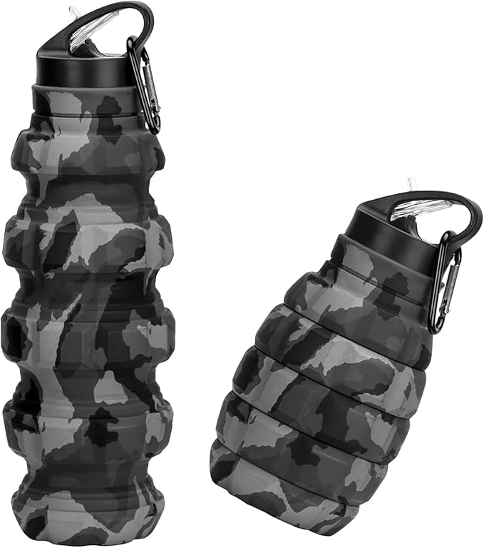 QiCheng&LYS Collapsible Water Bottle Sports Bottle 19.5OZ/580ml Travel Water Bottle for Men Women kids. BPA Free Food Grade Silicone. (Dark gray camouflage cup)