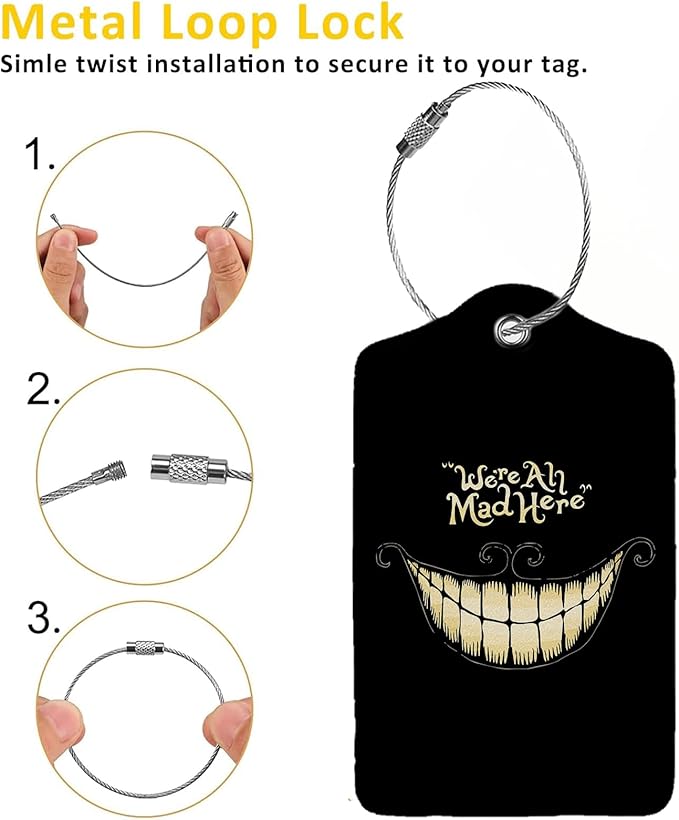 Black Halloween Smile Luggage Tags for Suitcases,2 Pack Luggage Tag, Leather Stainless Steel Loop Label Tag for Women Girl Travel Bag Suitcase