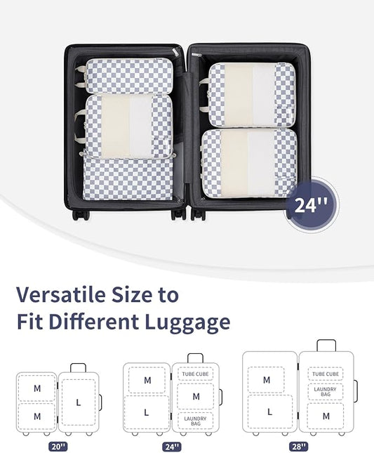 Narwey 5 Set Compression Packing Cubes for Travel, Luggage Packing Organizer Bags for Carry on Suitcase, Expandable Checkered Storage Bags with Laundry & Handle (Grayish Blue Checkerboard)