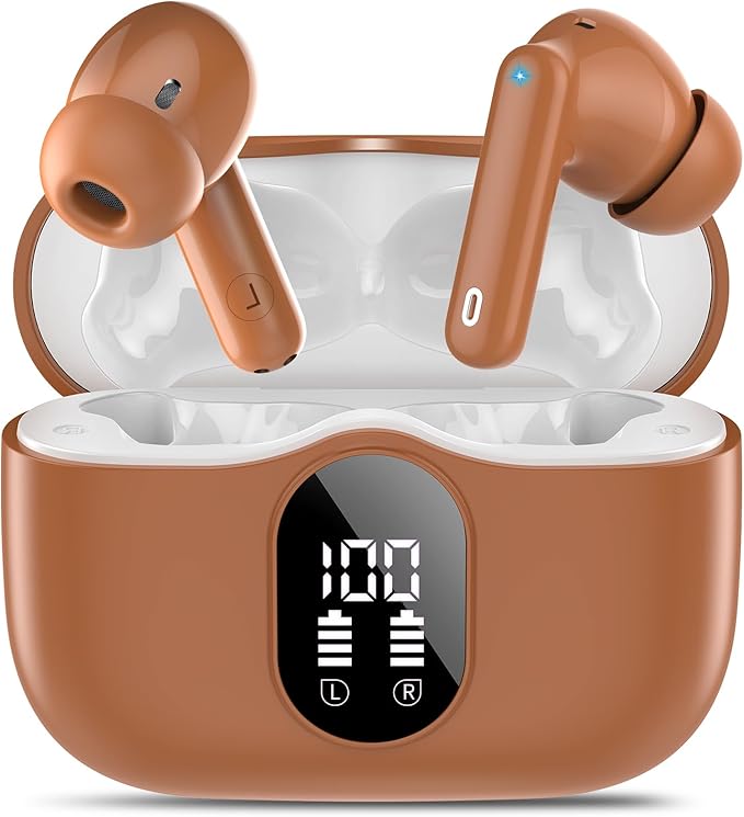 Wireless Earbuds, Bluetooth 5.4 Headphones Bass Stereo, Ear Buds with Noise Cancelling Mic, LED Display in Ear Earphones Clear Calls, IP7 Waterproof Bluetooth Earbuds for Laptop/Phones/Sports, Brown