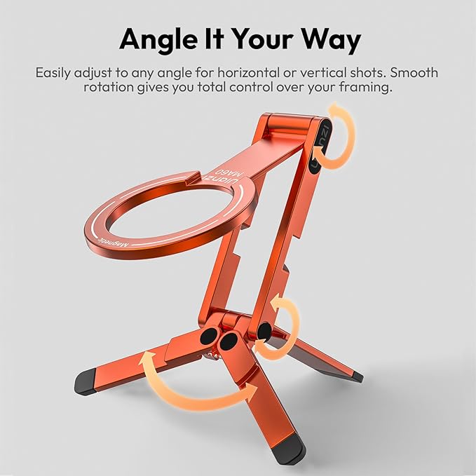 ULANZI MA60 Magnetic Phone Tripod Stand for iPhone - Aluminium Smartphone Mini Tripod Pocket Cell Phone Stand Strong Magnet Quick Mount Compatible with iPhone 16 15 14 13 15 Series, Orange