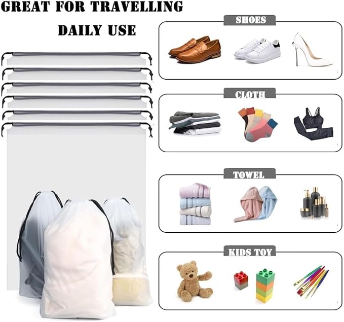 12pcs Transparent Shoe Bags for Travel 11.8in X 15.7in Protable Clear shoe bags for storage with rope,large drawstring bags for travel Men and Women