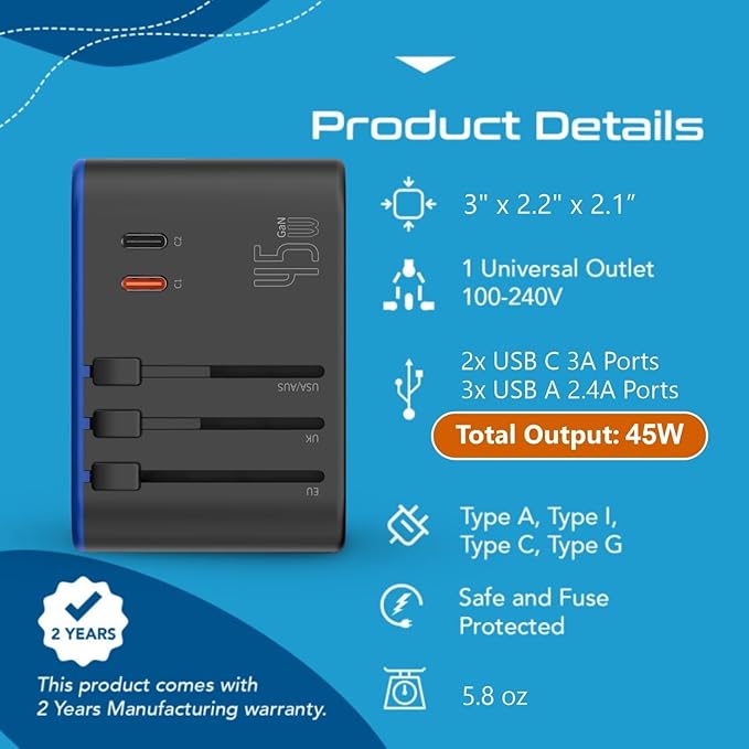 Ceptics Universal Travel Adapter, 45W International Power Adapter with PD & QC 3.0 Dual USB-C, 3 USB Travel Adapter Worldwide, Type I C G A Outlets 110V 220V A/C - EU Euro US UK (11-KU)