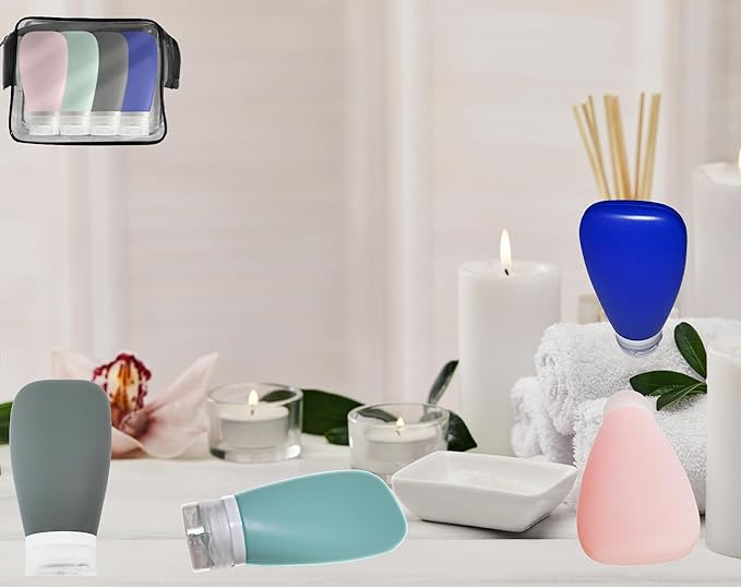 Travel Bottles for Toiletries, TSA Approved 3oz (90ml) Leak Proof Silicone Refillable Squeeze Travel Size Containers BPA Free for Cleansers, Lotions, Shampoo 4pk-With Bag (P,G,Blk,BL)