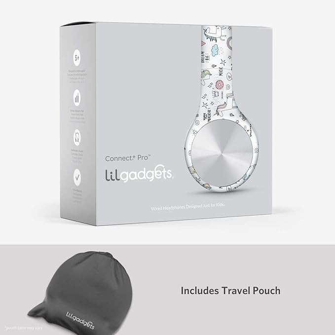 LilGadgets Connect+ Pro Wired Kids Headphones for School with Microphone, Volume Limiting Over-Ear Headset with Cord, SharePort Technology & SoftTouch Padding, Unicorn