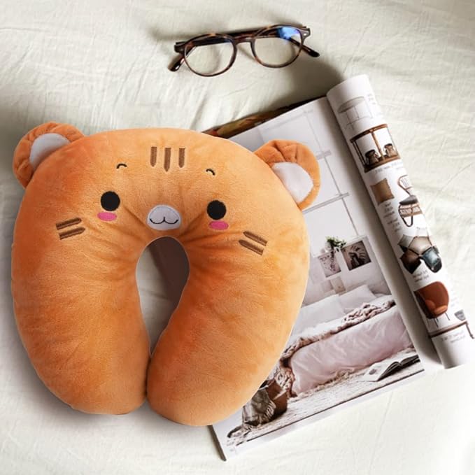 EKDJKK Travel Pillow for Kids, Cute Animal Neck Pillow Support U Shaped Cushion Plush Soft Rest Reading Pillow Sleeping Pillow for Airplane Train Car (Orange Cat)