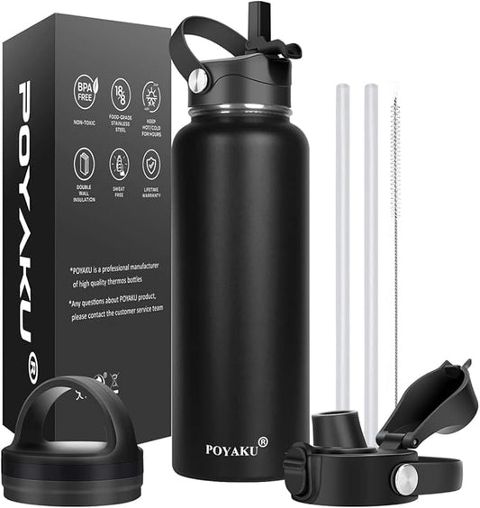 Water Bottle Insulated 32oz 40oz 64oz 128oz Straw Lid Spout Lid & 3 Lids, Leak Proof, Vacuum Insulated,Stainless Steel Water Bottle Wide Mouth for Sports, Gym or Office