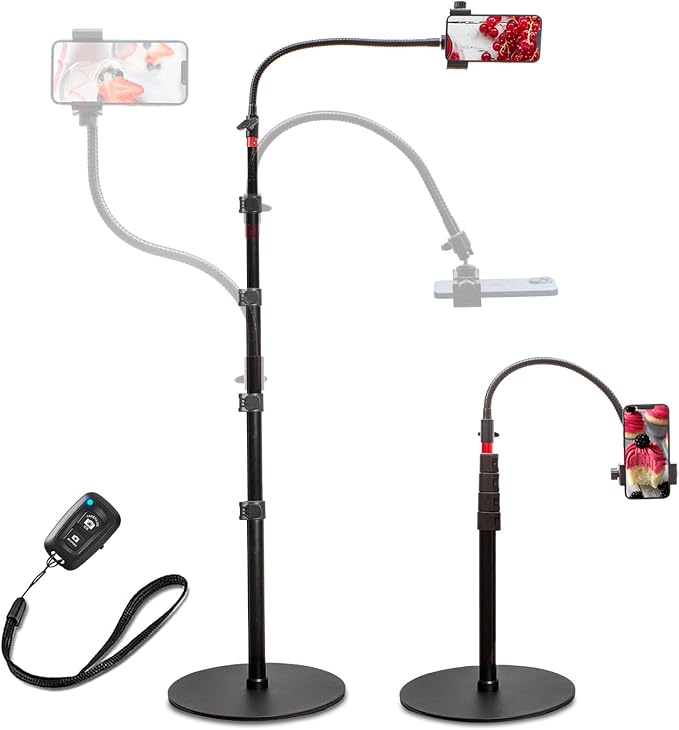 Tall Video Cell Phone Mount with Height Adjustable Stand, Heavy Base, 360 Head - Compatible with iPhone 16, 16 Pro Max, 16 Plus, 15, 14, 13