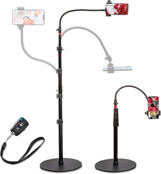 Tall Video Cell Phone Mount with Height Adjustable Stand, Heavy Base, 360 Head - Compatible with iPhone 16, 16 Pro Max, 16 Plus, 15, 14, 13