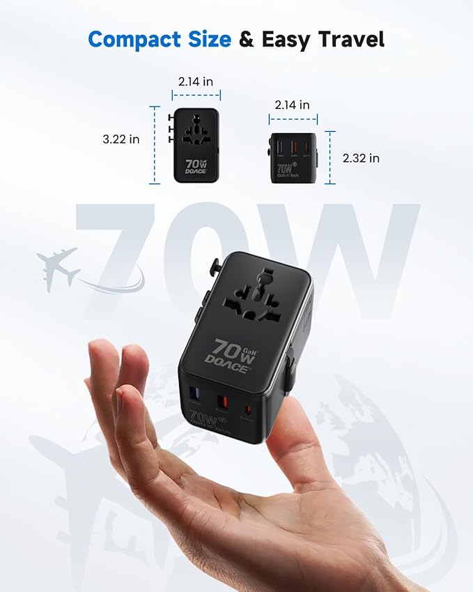 DOACE 70W Travel Adapter GaN 3.0, European Travel Plug Adapter with Built-in USB-C Cable, 6 in 1 International Power Adapter USB-C PD Fast Charging for EU/UK/USA/AUS