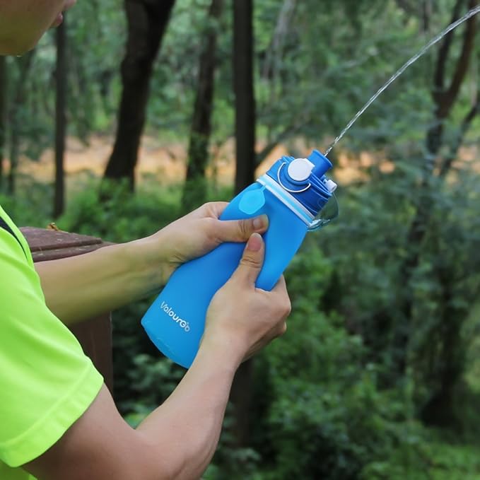 Valourgo Collapsible Water Bottle, Silicone Foldable with Leak Proof Valve BPA Free, Aqua Blue, 21 oz