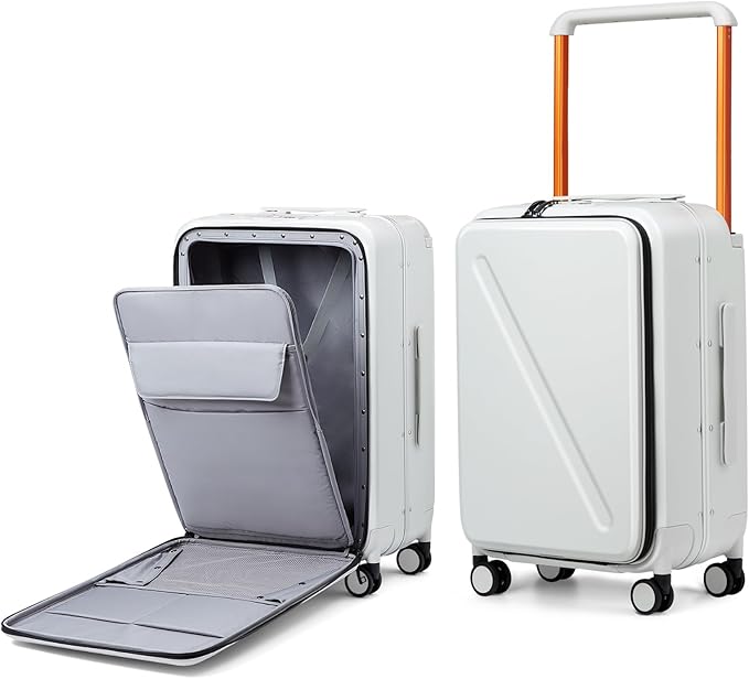 MILADA Wide Handle Luggage with Front Pocket Hardshell Aluminium Check In Suitcase with Wheels Medium 24 Inch Front Opening Checked Luggage with Spinner Wheels TSA Lock Airline Approved Luggage, White