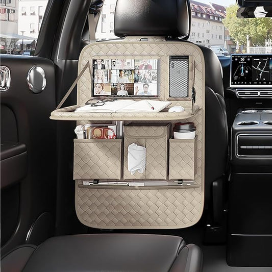 GMQ Back Seat Car Organizer 1 Pack,Backseat Organizer with Tray,Multifunctional Car Seat Back Storage Box with Foldable Tablet Holder (Beige, Weave)
