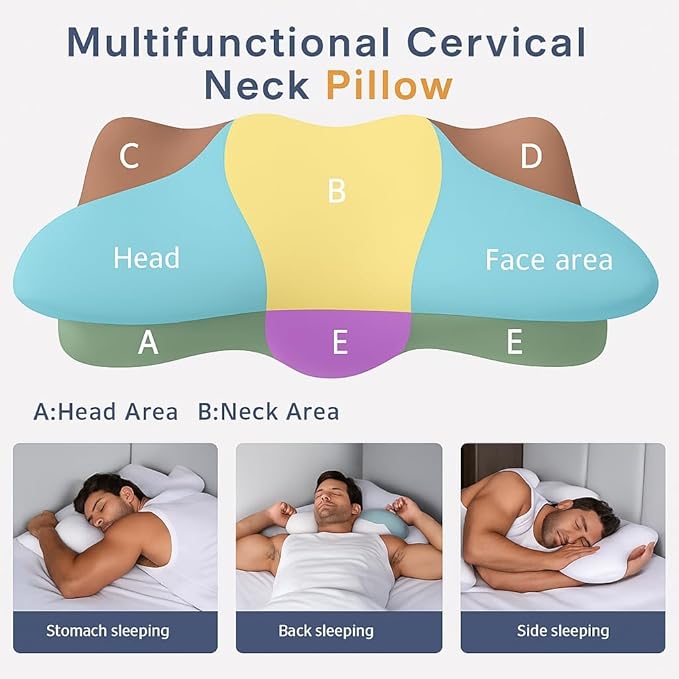 Dual-Height Cervical Neck Pillow for Pain Relief, Memory Foam Pillows with Cooling Tech -3D Ergonomic Support, Cooling Cover, for Side/Back/Stomach Sleeper Pillow, Minimalist Style - White