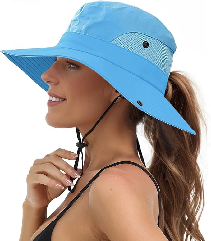 Sun Hats for Women Beach Hat Ponytail Hat Womens Sun Hat with UV Protection Wide Brim