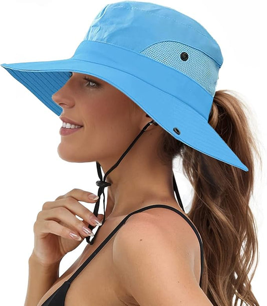 Sun Hats for Women Beach Hat Ponytail Hat Womens Sun Hat with UV Protection Wide Brim