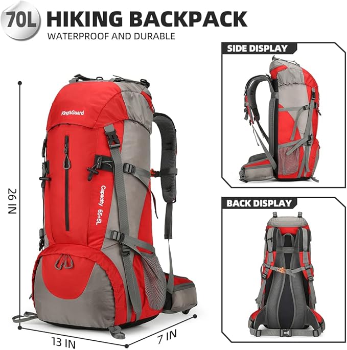 King'sGuard 70L Hiking Backpack with Rain Cover Lightweight Waterproof Travel Camping Backpack Large Backpacking Pack