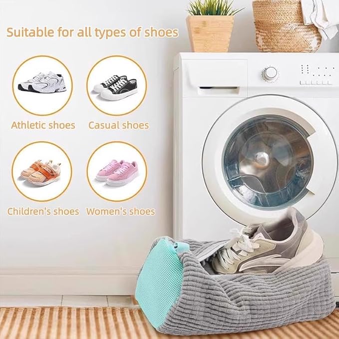 Lazy Shoe Wash Bag – Dual Zipper Chenille Shoe Laundry Bag with Dual Pockets, Anti-Deformation Mesh Wash Bag for Machine Washing Sneakers, Running Shoes & Kids’ Shoes, Gray