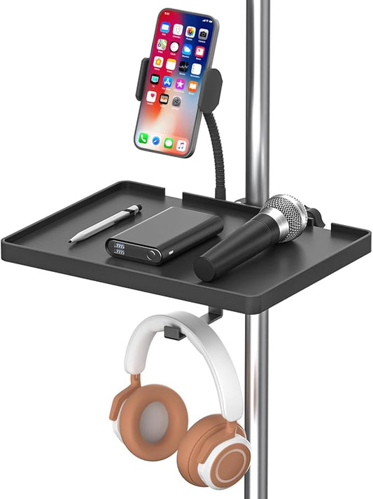 Functional Microphone Stand Tray with Adjustable Mic Stand Phone Holder - 8.7"x6.5" Mic Stand Tray Shelf Clamp-On Music Stand Accessory for Live Streaming Karaoke Recording