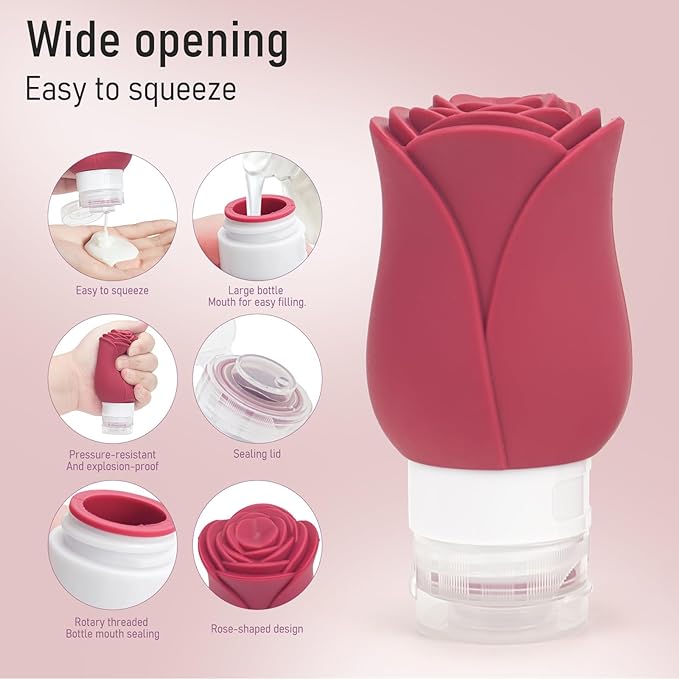 Travel Containers Bottle for Toiletry 4 Pack 3oz Leakproof TSA Approved & Refillable Mini Cream Jars, Silicone Squeeze Tube Rose Bottles for Shampoo Lotion Body Wash BPA Free +Bag, Red Pink Rose