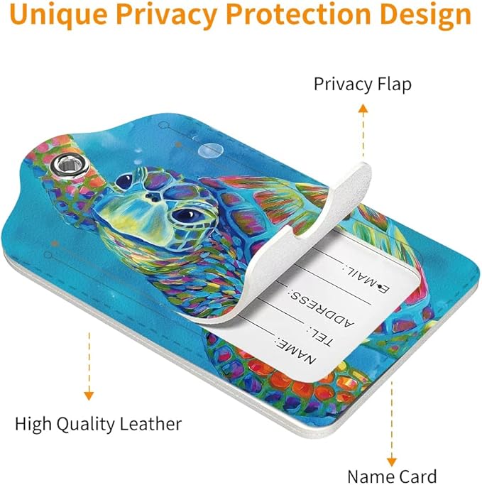 2 Pack Luggage Tag for Suitcase, Cute Unique Leather Bag Tags Identifiers Privacy Cover ID Label with Durable Steel Loop for Women Men Kids Girls Travel，TurtleA