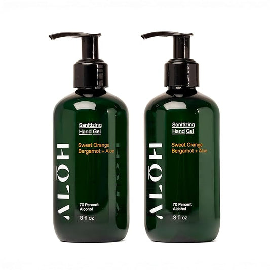 ALŌH Sanitizing Hand Gel 2-pack | Sweet Orange Bergamot + Aloe | 70% Alcohol Hydrating Hand Sanitizer Gel with Essential Oil, for Kids & Adults | 8oz Bottle (Set of 2)