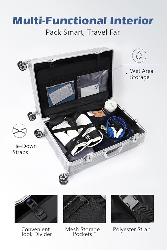 HotWay 22 Inch Checked in Luggage with Aluminum Frame,PC Hard Shell Suitcase with Spinner Wheels and TSA Lock, Large Suitcase for Travel, White