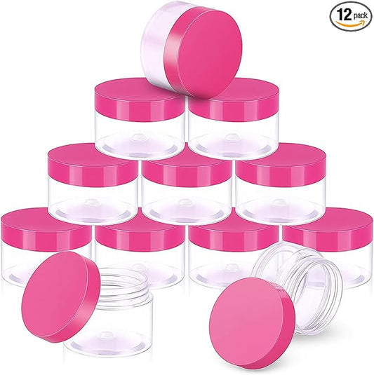 SATINIOR 12 Pack 4 oz Plastic Container Jars with Lids Round Clear Travel Cosmetic Container Slime Jars for Toiletries, Lotion, Cream, Ointments, Makeup, Rhinestone, Samples, Kitchen Storage(Pink)