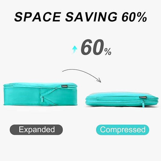 6 Set Compression Packing Cubes for Travel Essentials, Luggage Organizers for Suitcases (Teal)