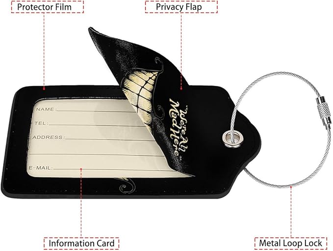 Black Halloween Smile Luggage Tags for Suitcases,2 Pack Luggage Tag, Leather Stainless Steel Loop Label Tag for Women Girl Travel Bag Suitcase