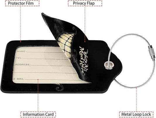 Black Halloween Smile Luggage Tags for Suitcases,2 Pack Luggage Tag, Leather Stainless Steel Loop Label Tag for Women Girl Travel Bag Suitcase