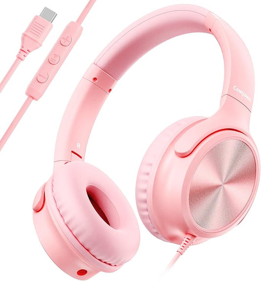 USB C Headphones Wired, Over Ear USB C Wired Headphones with Microphone, Volume Control, HD Stereo Sound, Foldable USB Type C Headphone for Adult/Teens/Laptop/Computer/iPhone 15/16 Series,Pink
