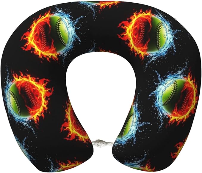 Comfortable Memory Foam Neck Pillow Ice Water Fire Flame Softball Baseballs, Travel U Shaped Airplane/Car/Flight Pillows with Removable Zipper Cover, Chin Head Neck Support Cushion