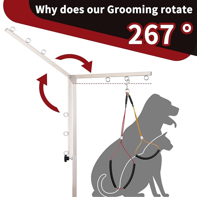Phenfor Dog Grooming Table Arm with Hammock - Adjustable Height, Pet Grooming Hammock, No Sit Haunch Holders, Loop Noose Heavy-Duty Clamp (Stainless Steel)