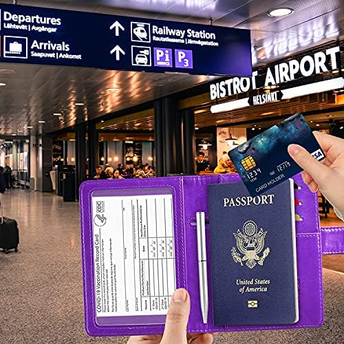 RSAquar Unisex Faux Leather Passport and Vaccine Card Holder Combo, Purple, Slim and Lightweight with RFID Blocking Technology