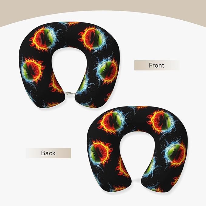 Comfortable Memory Foam Neck Pillow Ice Water Fire Flame Softball Baseballs, Travel U Shaped Airplane/Car/Flight Pillows with Removable Zipper Cover, Chin Head Neck Support Cushion