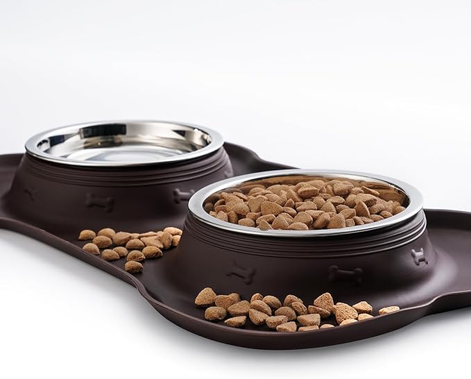 Hubulk Pet Dog Bowls 2 Stainless Steel Dog Bowl with No Spill Non-Skid Silicone Mat + Pet Food Scoop Water and Food Feeder Bowls for Feeding Small Medium Large Dogs Cats Puppies (Large, Chocolate)